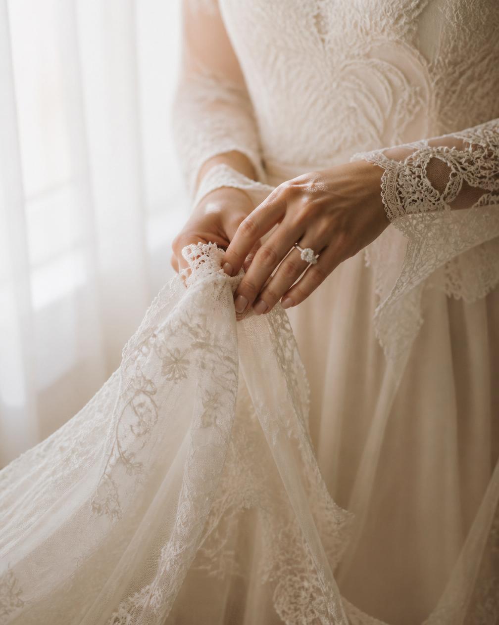 Bride holding antique lace veil in soft morning light